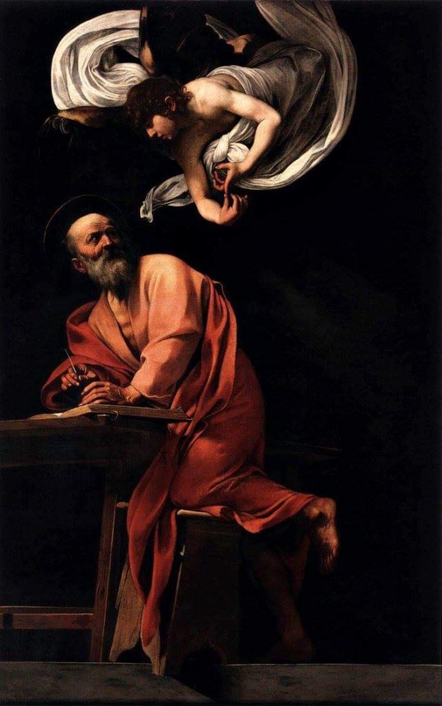 Mattieu et l'Ange. Caravaggio à St Louis des Français. Photo de Annalisa Cingolani